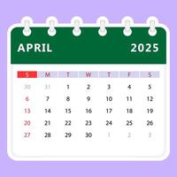 avril 2025 calendrier. dimanche début vecteur