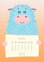 Calendrier d'octobre 2022, animal mignon de mouton de bélier tenant une feuille de calendrier mensuel, style enfantin dessiné à la main vecteur