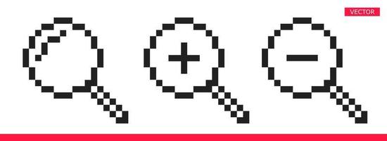 Icône de loupe de pixel signe curseur vector illustration set design style plat isolé sur fond blanc. icône de loupe de symbole d'outil de recherche ou de zoom.