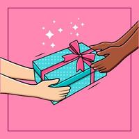 mains donnant cadeau boîte don de la diversité gens soutien et charité concept illustration vecteur