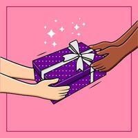mains donnant cadeau boîte don de la diversité gens soutien et charité concept illustration vecteur