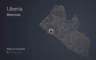Libéria carte avec une Capitale de monrovia montré dans une puce électronique modèle avec processeur. gouvernement électronique. monde des pays Plans. puce électronique séries vecteur