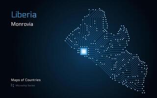 Libéria carte avec une Capitale de monrovia montré dans une puce électronique modèle avec processeur. gouvernement électronique. monde des pays Plans. puce électronique séries vecteur