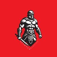 puissant guerrier dans armure avec épée sur rouge Contexte - symbole de force et préparation pour bataille vecteur