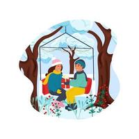 cadeaux pour les vacances d'hiver. paysage d'hiver avec deux personnages plats. illustration d'un gars donnant un cadeau à une fille. vecteur