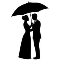 une romantique couple en portant parapluie silhouette, isolé blanc Contexte vecteur