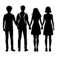 couple de Jeune adolescent Université élèves sont permanent avec en portant main chaque autre, silhouette vecteur