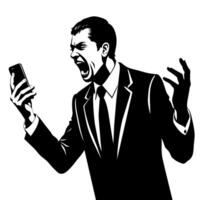 une affaires homme parlant avec mobile téléphone avec en colère mode silhouette, blanc Contexte vecteur