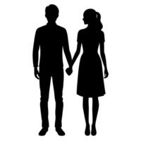 une Jeune couple permanent avec en portant main chaque autre, côté par côté silhouette vecteur