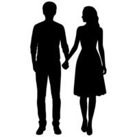 une Jeune couple permanent avec en portant main chaque autre, côté par côté silhouette vecteur