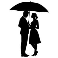 une romantique couple en portant parapluie silhouette, isolé blanc Contexte vecteur