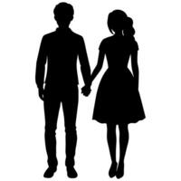 une Jeune couple permanent avec en portant main chaque autre, côté par côté silhouette vecteur