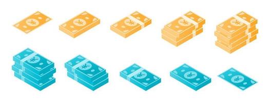 jeu d'icônes isométrique de billets de banque en yen japonais vecteur