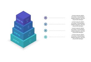 3d infographie pyramide, ou Comparaison graphique avec 4 coloré lévitation couches. le concept de les niveaux ou étapes de une affaires projet. réaliste infographie conception modèle. vecteur