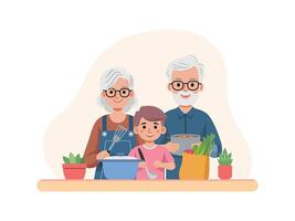 plat illustration de grands-parents et petits enfants cuisine ensemble dans le cuisine. vecteur