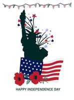 indépendance journée salutation carte. silhouette de le statue de liberté, américain drapeau et rouge coquelicots. vecteur