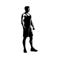 fort homme montrant muscles silhouette. musclé bodybuilder plein longueur corps vecteur