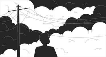 la personne profiter Aube permanent en dessous de Puissance lignes noir et blanc lofi fond d'écran. Humain silhouette contre nuageux ciel 2d contour dessin animé plat illustration. se détendre ligne lo Fi esthétique Contexte vecteur