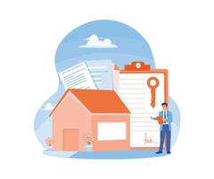 une homme achète une maison avec une hypothèque. il panneaux le banque accord document. hypothèque processus concept. plat illustration. vecteur