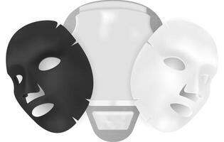 masque feuille. 3d maquette de noir et blanc coton faciale masque avec sachet. charbon produit point noir désactivé. femelle visage Crème hydratante se soucier gros plan. peau traitement après se maquiller. vecteur