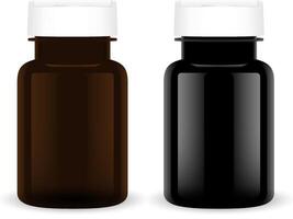supplément pilule bouteille. noir Plastique médical ensemble. pharmaceutique capsule 3d pot maquette modèle. rond pharmacie tablette récipient pack avec blanc casquette. vitamine ou placebo boîte. vecteur