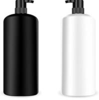 pompe distributeur bouteille. Plastique cosmétique récipient maquette pour gel, mousse, Crème hydratante. peau ou cheveux traitement tube avec distributeur couvercle. vide emballage dans noir et blanche. vecteur