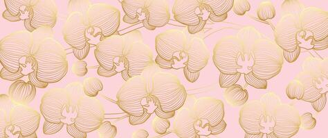 luxe d'or orchidée fleur ligne art Contexte . Naturel botanique élégant fleur sur rose Contexte. conception illustration pour décoration, mur décor, fond d'écran, couverture, bannière, affiche, carte. vecteur