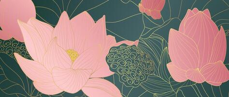 luxe d'or lotus fleur ligne art Contexte . Naturel botanique élégant fleur avec or ligne art. conception illustration pour décoration, mur décor, fond d'écran, couverture, bannière, affiche, carte. vecteur