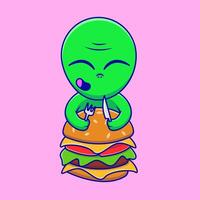 mignonne extraterrestre derrière une géant Burger dessin animé Icônes illustration. plat dessin animé concept. adapté pour tout Créatif projet. vecteur