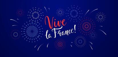 vive la France salutation bannière avec manuscrit caractères et feux d'artifice pour français nationale journée. Bastille jour, juillet 14 vecteur