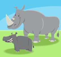 marrant dessin animé rhinocéros animal personnage avec bébé rhinocéros vecteur