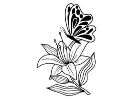 fleur papillon ligne art noir et blanc vecteur