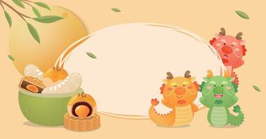 affiche de content fête de chinois milieu de l'automne Festival avec dragon mascotte ou personnage, plein lune avec pomélo et gâteaux de lune vecteur