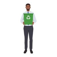 Jeune professionnel barbu homme en portant une recyclage poubelle. vecteur