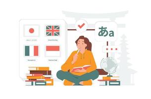 apprentissage multilingue étranger langues, traducteurs application, vocabulaires, international la communication dictionnaire concept illustration vecteur