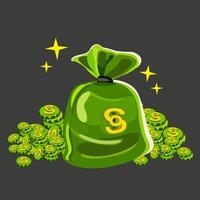 dessin animé vert argent sac avec pièces de monnaie. argent plat vert icône. icône pour entreprise. argent et Paiement Icônes. vecteur