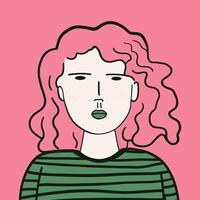 dessin animé femelle portrait dans Facile griffonnage style. adolescent ou Jeune femme avec rose cheveux et vert lèvres. branché avatar vecteur