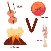 préscolaire Anglais alphabet. v lettre. volcan, Vénus, vase, violon. alphabet conception dans une coloré style. éducatif affiche pour les enfants. jouer et apprendre. vecteur