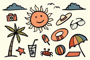 plage et été thème main tiré collection. dessin animé plage scène avec souriant soleil, paume arbre, caméra, chapeau, balle, lunettes, Crabe et parapluie vecteur