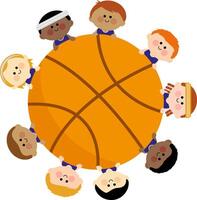 les enfants basketball joueurs les athlètes et panier des sports balle. une basketball et une garçons les enfants équipe. vecteur