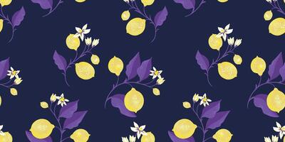 tropical Jaune citrons sur violet branche avec feuilles épars au hasard sur une sans couture modèle. main dessin illustration. abstrait artistique agrumes fruit répété impression sur une foncé Contexte vecteur