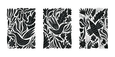 ensemble de floral art avec des oiseaux illustrations. noir et blanc silhouette boho affiches, impressions avec feuilles. collage éléments biologique conception. mystique, la magie élément formes vecteur