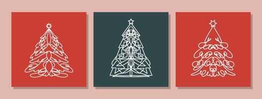 ensemble de rétro salutation cartes avec Noël arbre. modèle avec linéaire pin arbre. collection de sapin des arbres. géométrique Noël des arbres. carré forme minimaliste ligne art pour social médias. Nouveau année carte vecteur