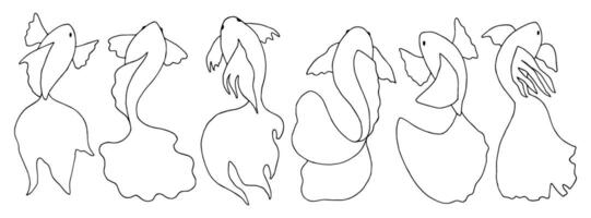ensemble de graphique poisson. noir et blanc contour dessin avec divers mer animaux. koi poisson symbole contour. linéaire esquisser de enfants coloration livre dans griffonnage style. sous-marin monde. océan habitants vecteur