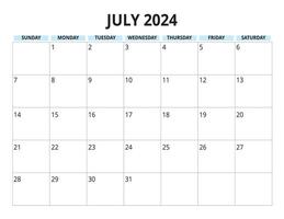 2024 juillet calendrier bleu couleur, dimanche début vecteur