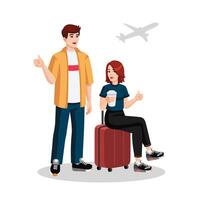 Jeune couple avec valise, sac à dos montrant les pouces en haut à le aéroport avant vol. en voyageant concept, plat conception, dessin animé style. gens attendre dans aéroport. illustration vecteur