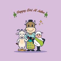 mignonne mouton, chèvre, et vache souhait vous une content eid al-adha dessin animé icône illustration. animal la nature icône concept isolé prime . vecteur