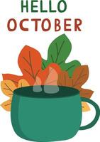 Bonjour octobre avec feuilles et tasse de thé vecteur