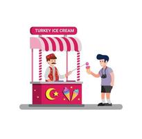 homme vendant de la nourriture de rue traditionnelle de crème glacée de la Turquie dans le vecteur d'illustration plat de dessin animé isolé sur fond blanc