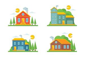 quatre différent Maisons avec des arbres et des arbres vecteur